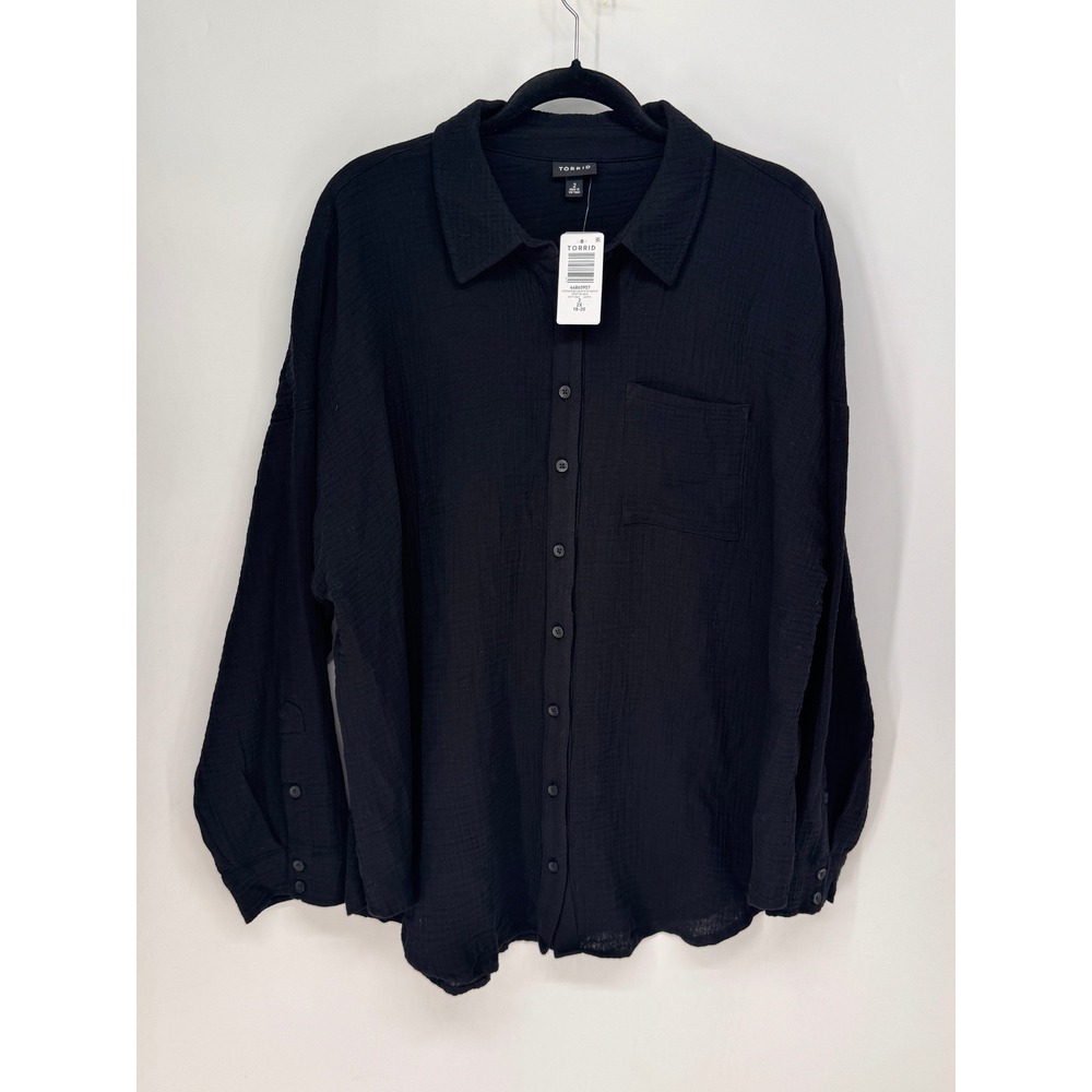 Torrid Button Down Shirt Womens 2X Black NWT Cotton Gauze Drop Shoulder Pocket
